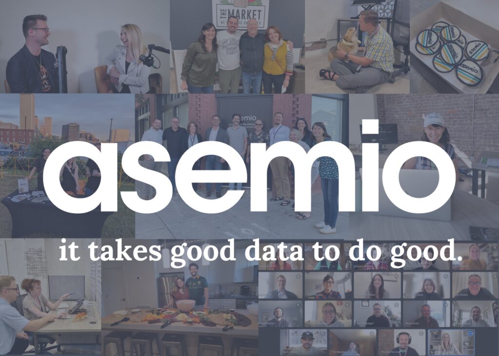 "Asemio: it takes good data to do good" on a backdrop of 10+ photos of the Asemio team