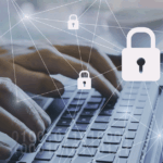 Man typing on keyboard with locks connected superimposed on top, giving the image of someone using privacy enhancing technologies to encrypt and safeguard data.
