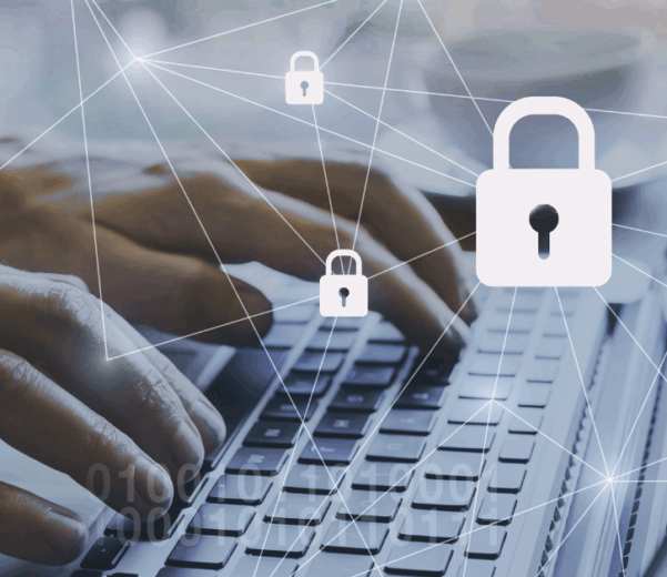 Man typing on keyboard with locks connected superimposed on top, giving the image of someone using privacy enhancing technologies to encrypt and safeguard data.