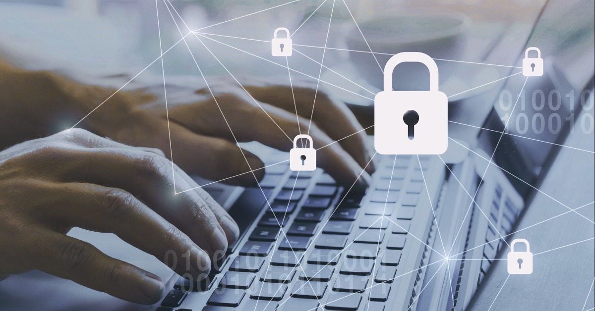 Man typing on keyboard with locks connected superimposed on top, giving the image of someone using privacy enhancing technologies to encrypt and safeguard data.